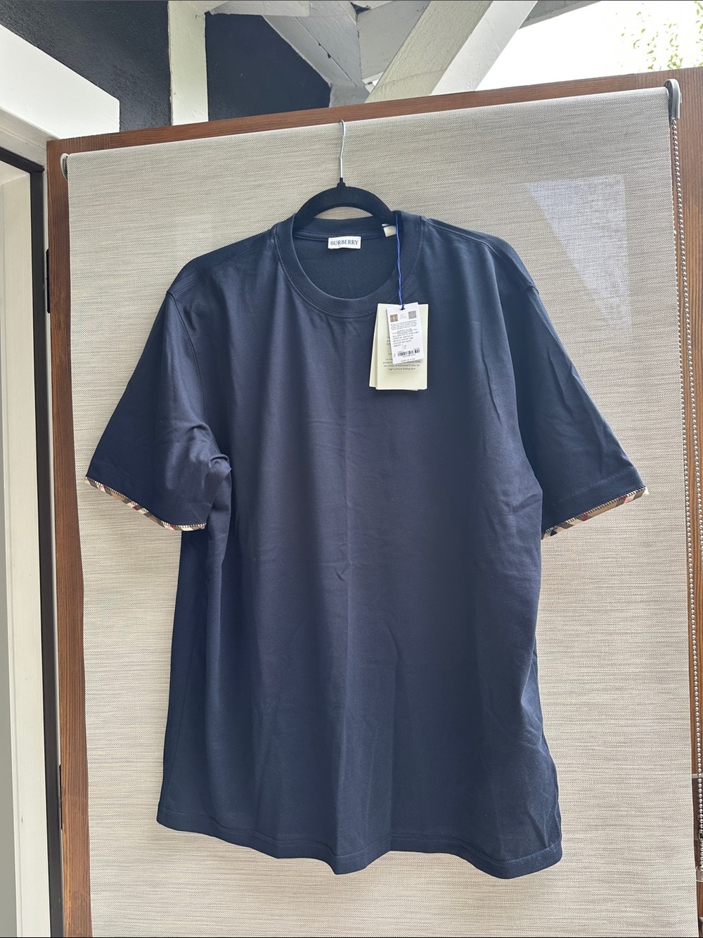 Burberry Navy Short-Sleeve Crewneck Tee with Signature Trim - Large NWT